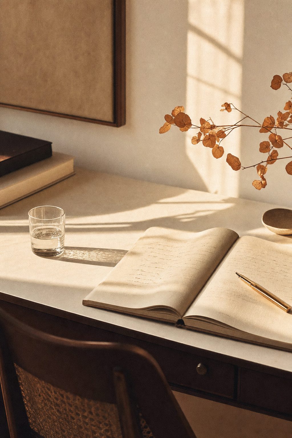 An open cream notebook and slim brass pen on a desk in warm morning light
