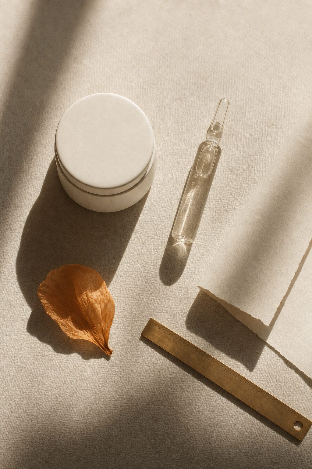 Overhead flat lay of unbranded skincare vessels, a glass ampoule, a dried petal and a brass ruler on ivory linen