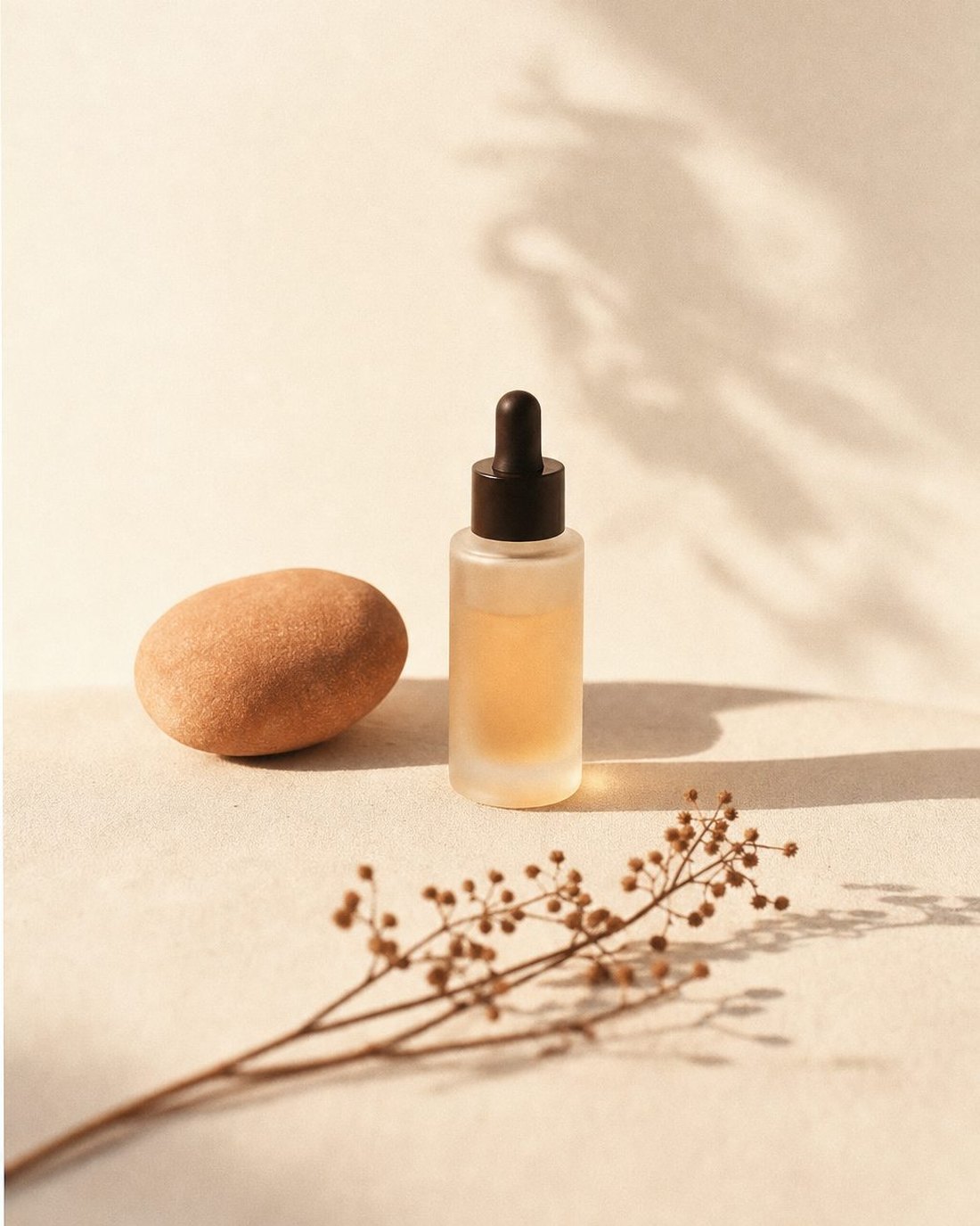 A frosted glass serum dropper, apricot-toned stone and dried botanical in warm morning light
