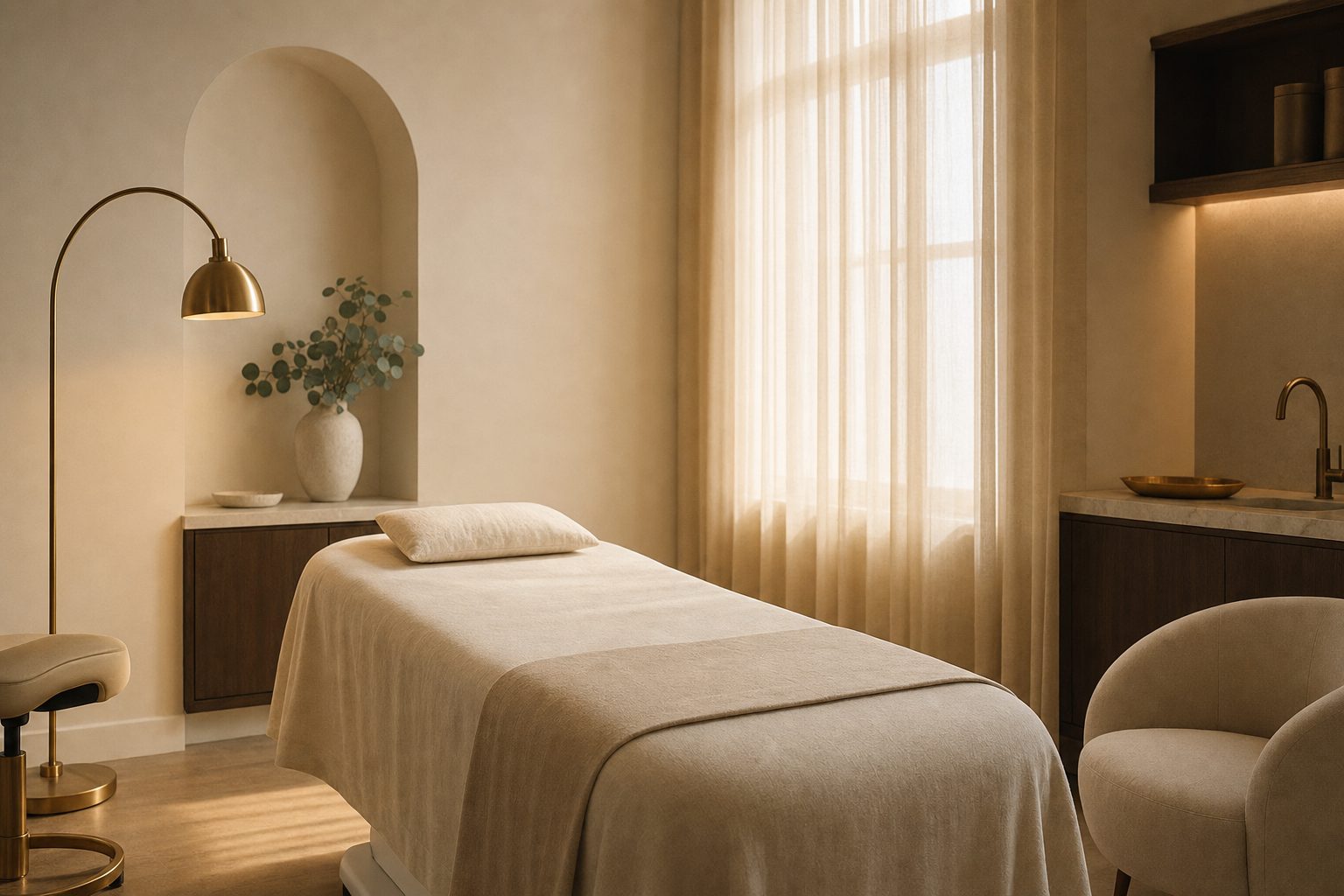 An empty, serene dermatology treatment room in warm ivory with linen drapes and brass lamp
