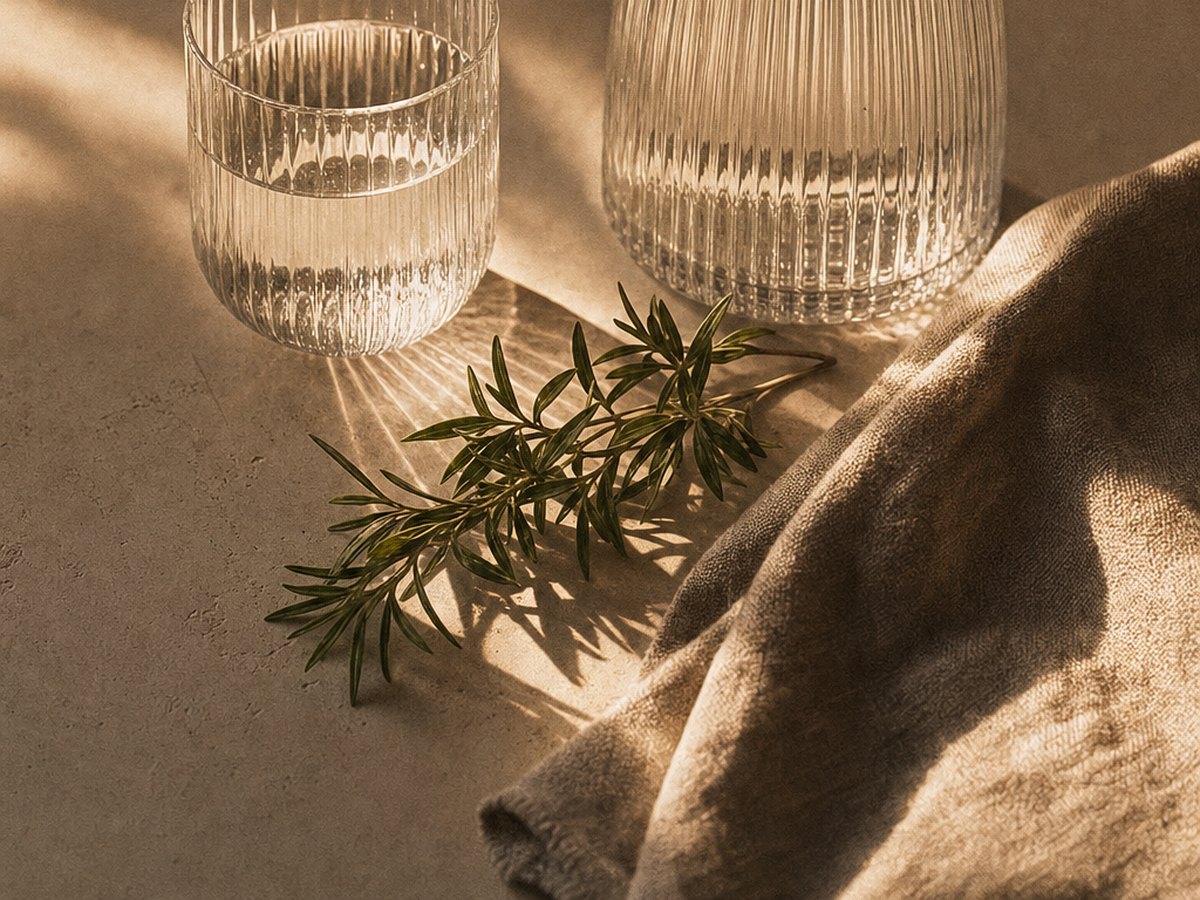 Two ribbed glass tumblers of water and a sprig of rosemary on ivory stone in warm light