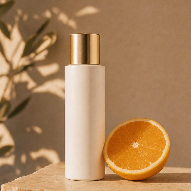 Sleek unbranded sunscreen bottle beside a halved orange on warm stone