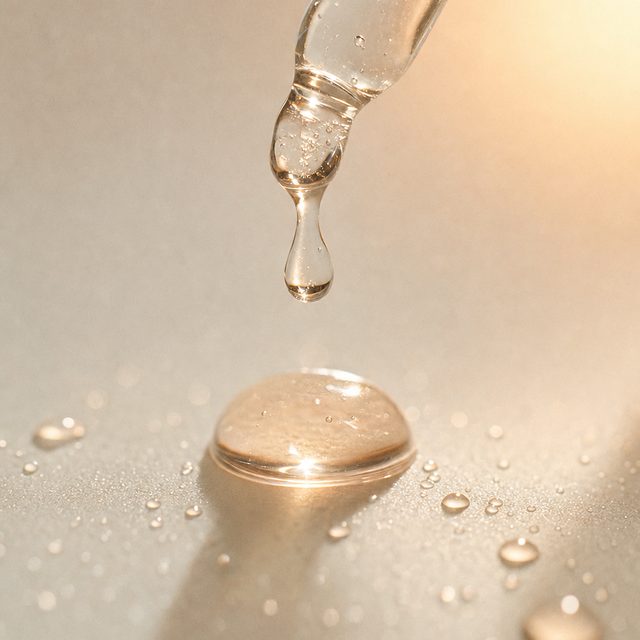 A dewy serum drop falling from a glass pipette
